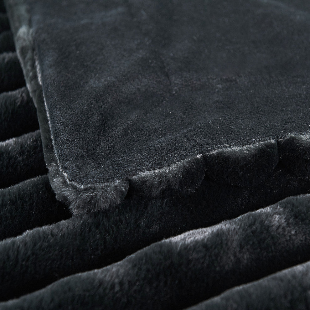 Fuzzy Striped Faux Fur Throw Blanket, Black
