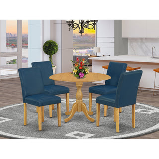 5 Pc Dining Set, Oak Table, 4 Oasis Blue Pu Leather Chairs, Oak Finish