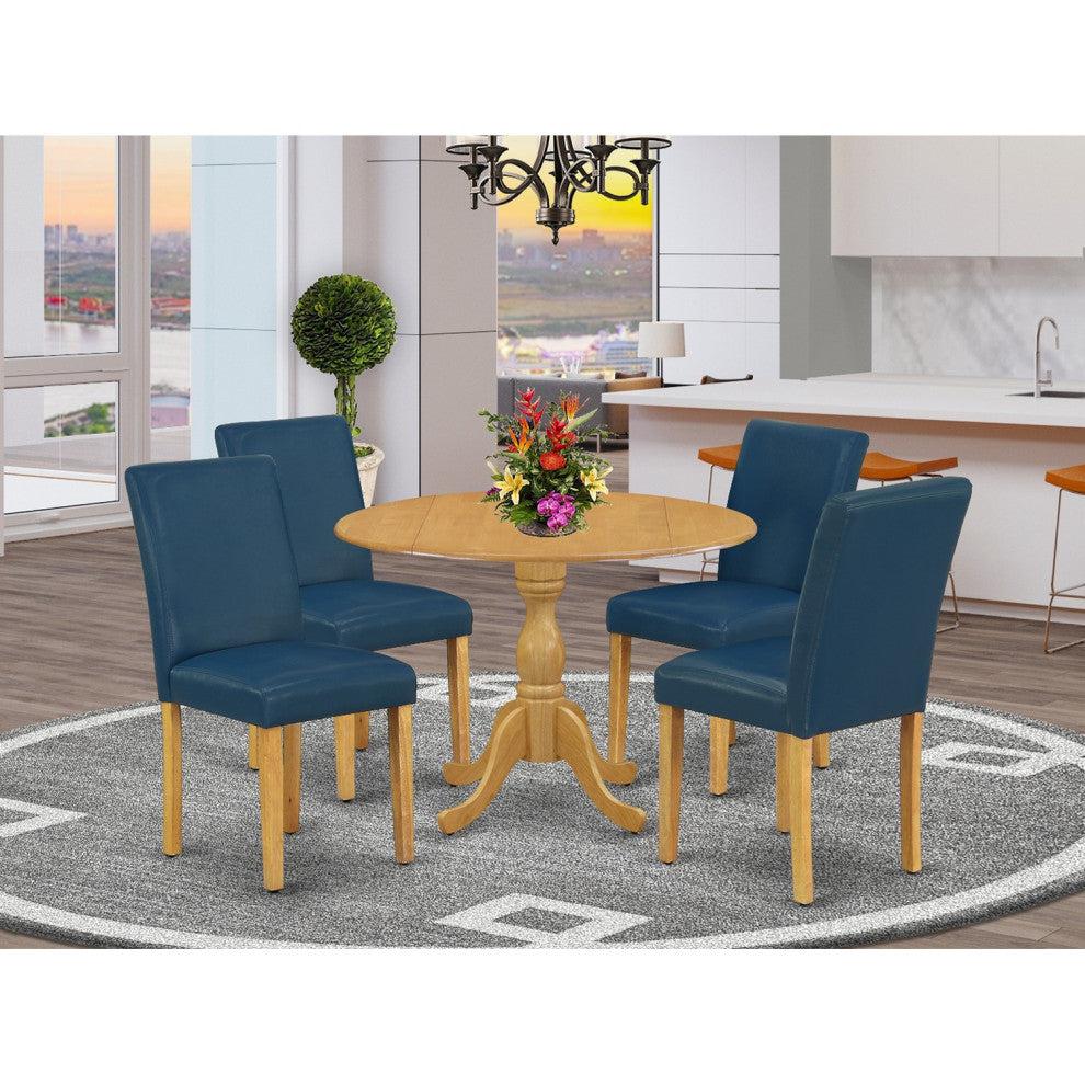 5 Pc Dining Set, Oak Table, 4 Oasis Blue Pu Leather Chairs, Oak Finish