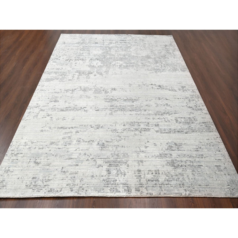Shadow White Weaved Hand Knotted Undyed Wool Nepali Oriental Rug, 8'11"x11'11"
