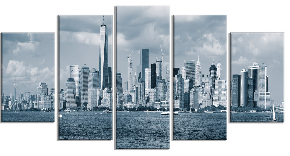 "Lower Manhattan Panorama Black White" Cityscape Wall Art, 5 Panels, 60"x32"