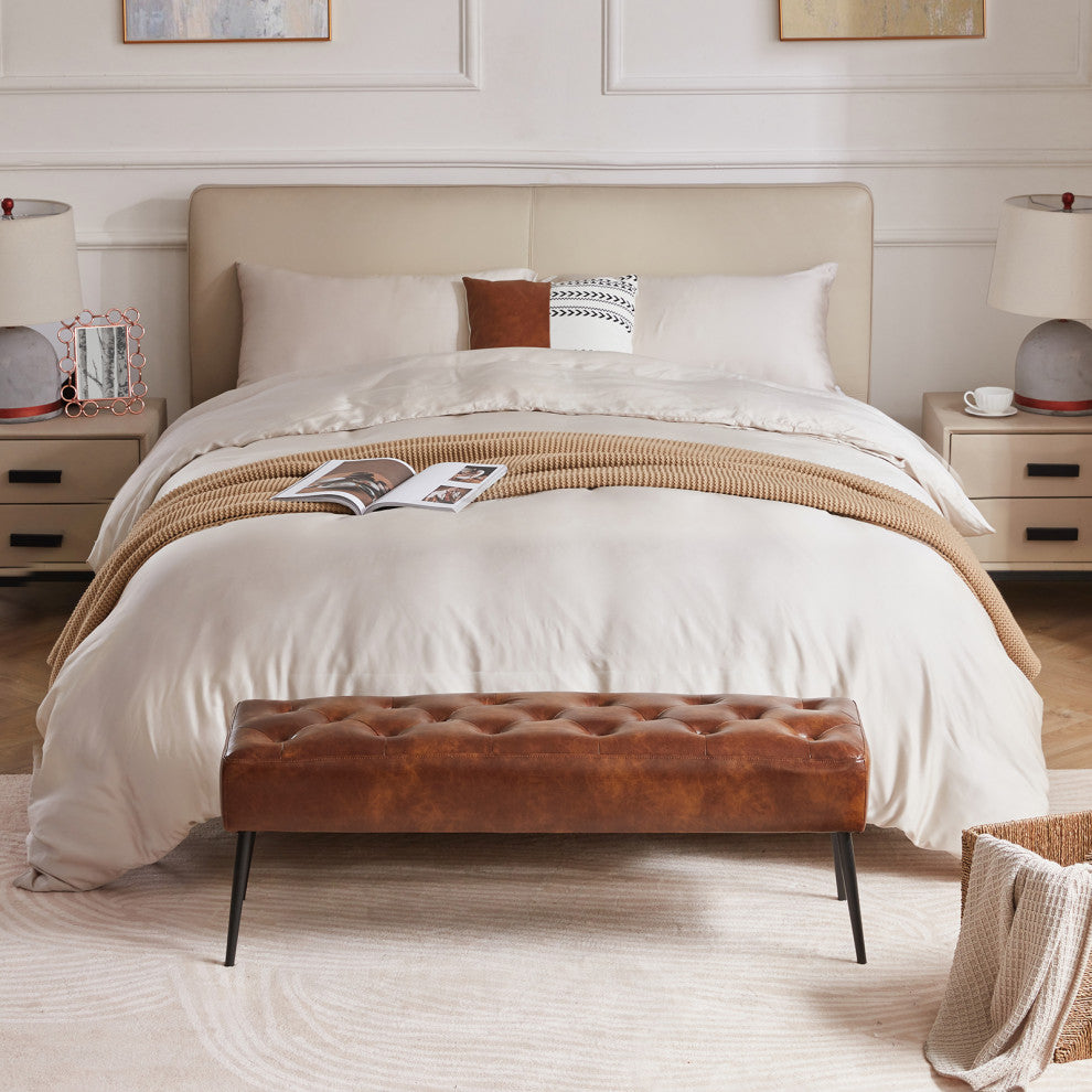 Button Tufts Bedroom Bench, Yellowish Brown With Black Legs-Faux Leather