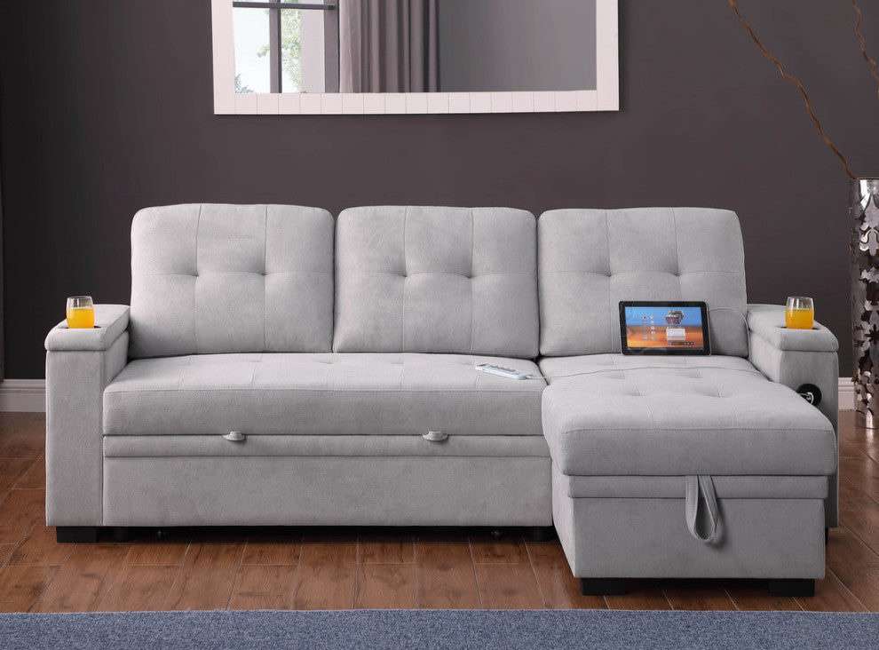Ashlyn II 84"W Woven Fabric Reversible Sleeper Sectional, Storage & USB, Gray