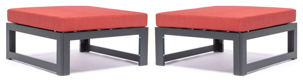 LeisureMod Chelsea Outdoor Black Ottomans With Cushions Set Of 2, Red