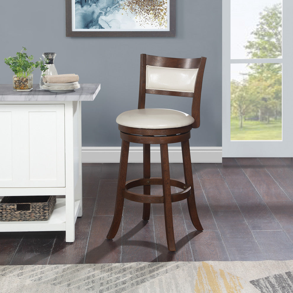 30" Swivel Stool, Cream Faux Leather With Dark Walnut Finish