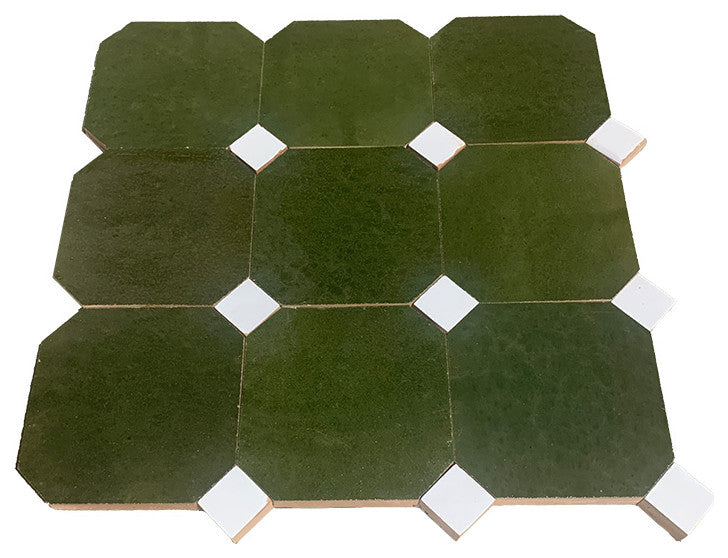 Contemporary Zellige Tile, Hunter Green With White, 8-Panels 12x12"