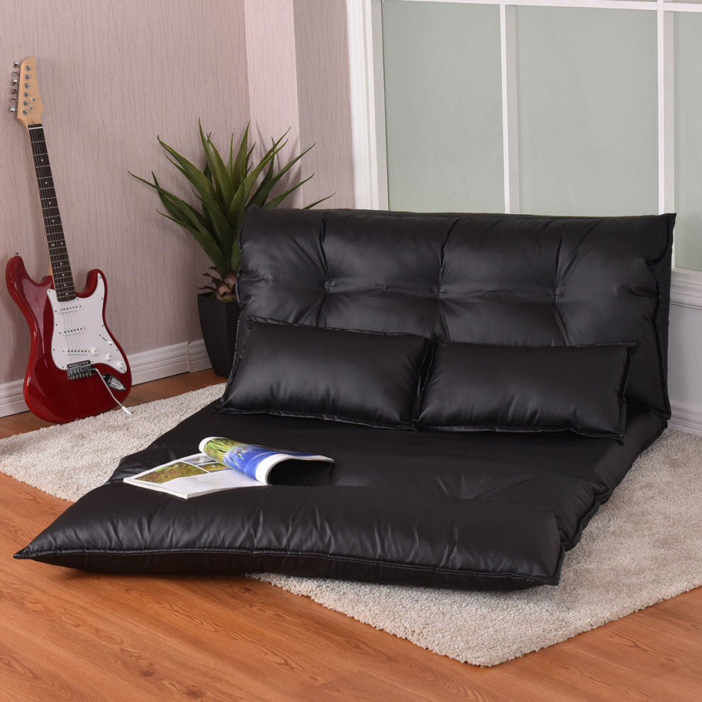 Costway PU Leather Foldable Modern Floor Sofa Bed Video Gaming 2 Pillows Black