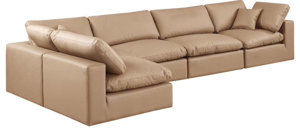 Comfy Upholstered L-Shaped Modular Sectional, Tan, 5-Piece: 3 Armless Chair, 2 Corner Chair, Vegan Leather