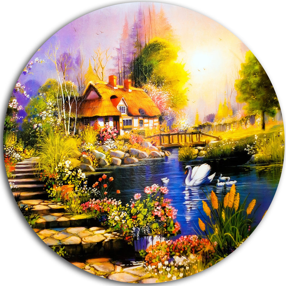 House Near The Lake Swans, Landscape Round Metal Wall Art, 11"