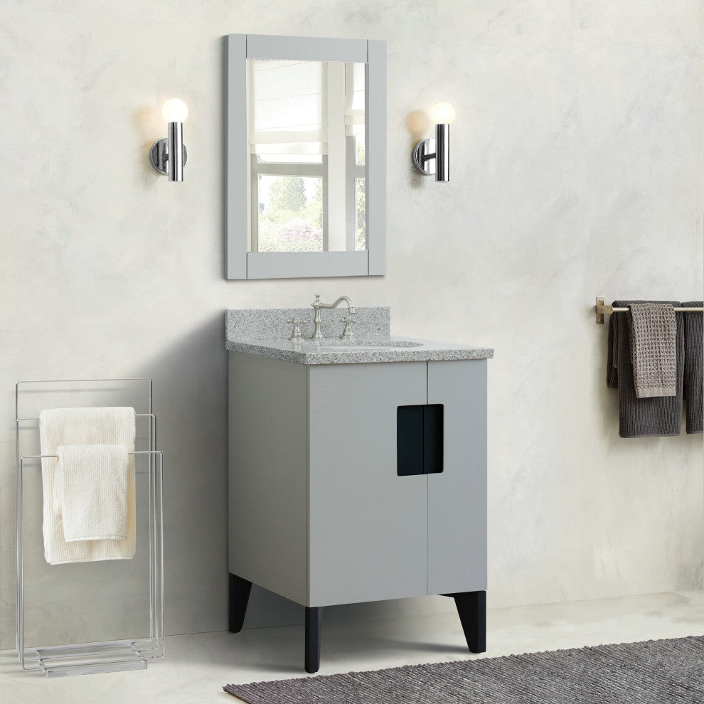 25" Single Sink Vanity, Light Gray Finish With Gray Granite And Oval Sink