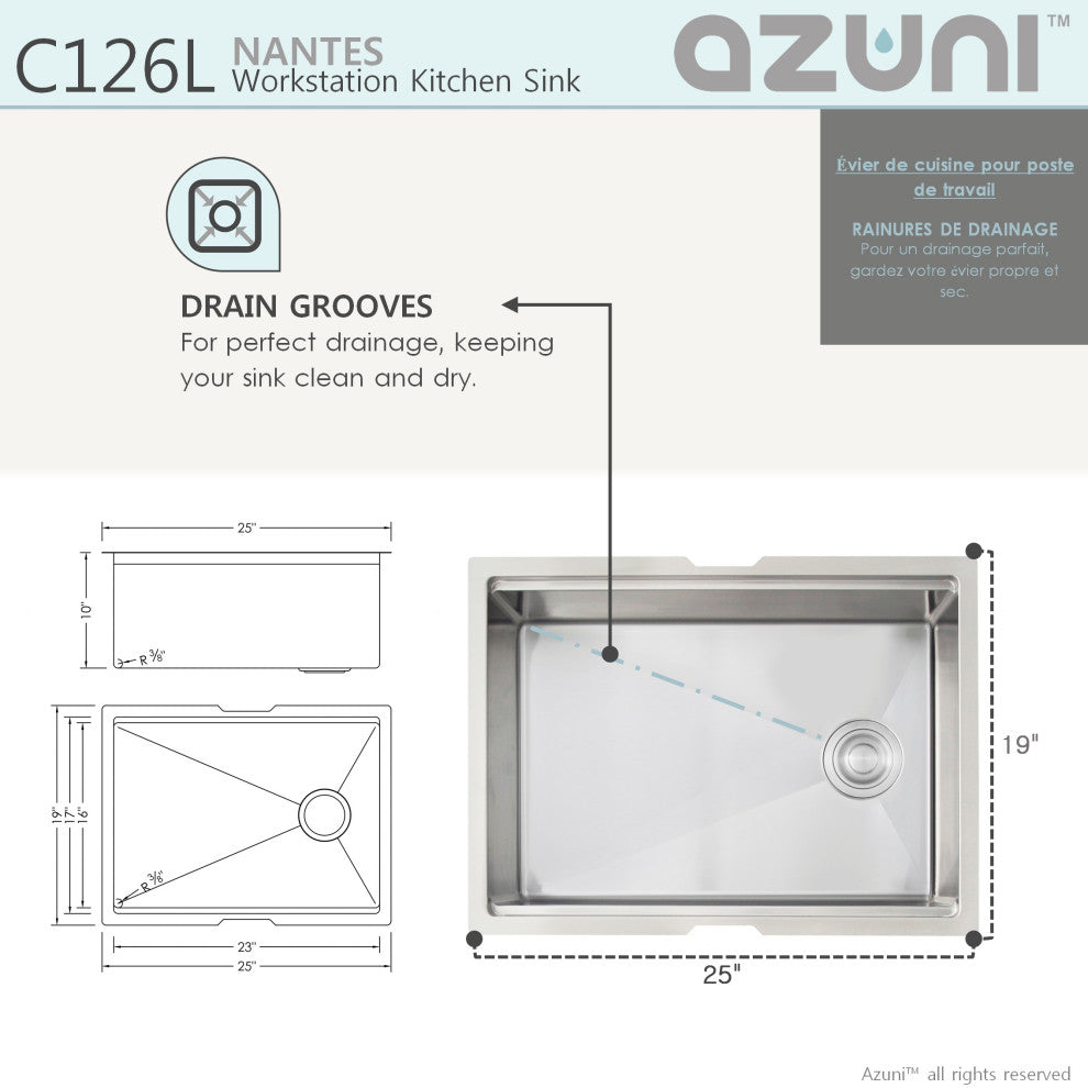 AZUNI 25"L x 19"L Single Bowl Undermount 16G Reversible Workstation Kitchen Sink