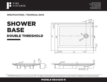 Fine Fixtures Double Threshold Acrylic Shower Base, 42 X 30, Right Hand