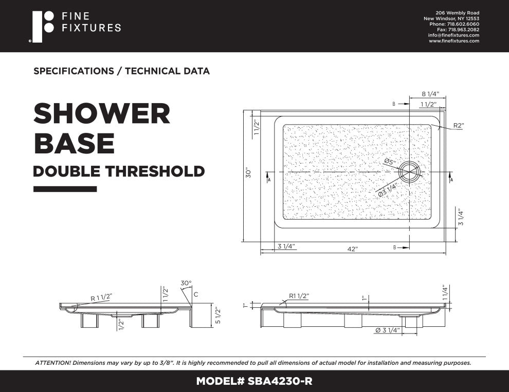 Fine Fixtures Double Threshold Acrylic Shower Base, 42 X 30, Right Hand