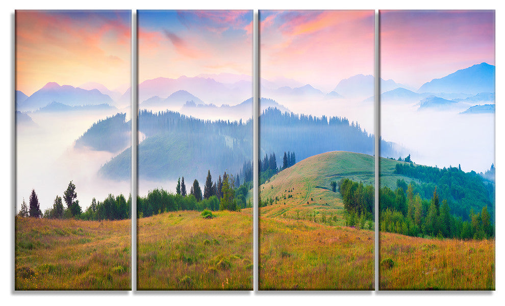 "Foggy Carpathian" Panorama Landscape Canvas Photo Print, 4 Panels, 48"x28"