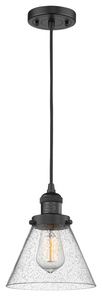 1-Light Large Cone 8" Pendant, Matte Black, Glass: Seedy
