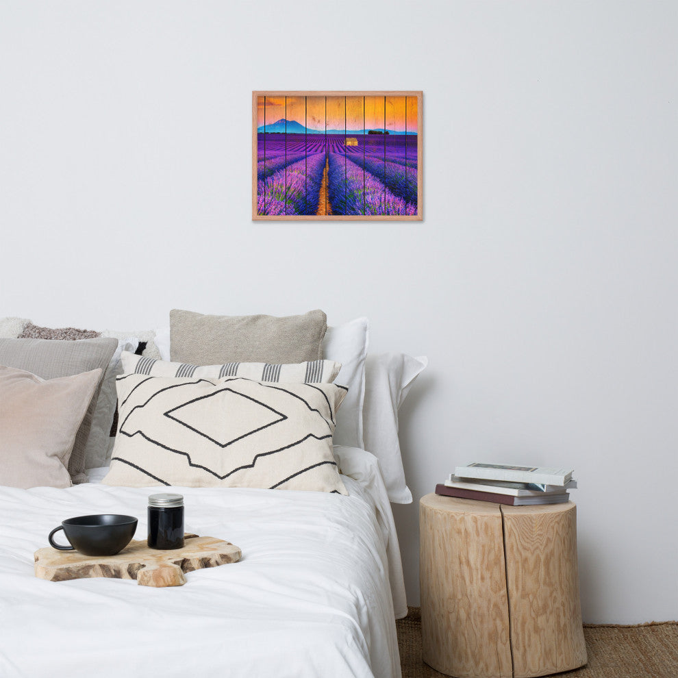 Faux Wood Lavender Fields and Sunset Landscape Framed Photo Paper Wall Art Print, Red Oak, 18" X 24"