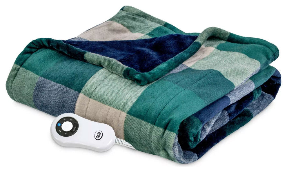 Serta Silky Plush Electric Heated Warming Throw Blanket Buffalo Check Green