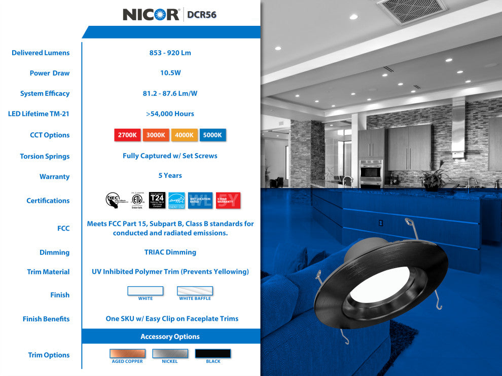 DCR56 LED Recessed Downlight Retrofit, Black, Smooth, 5000k (Daylight)