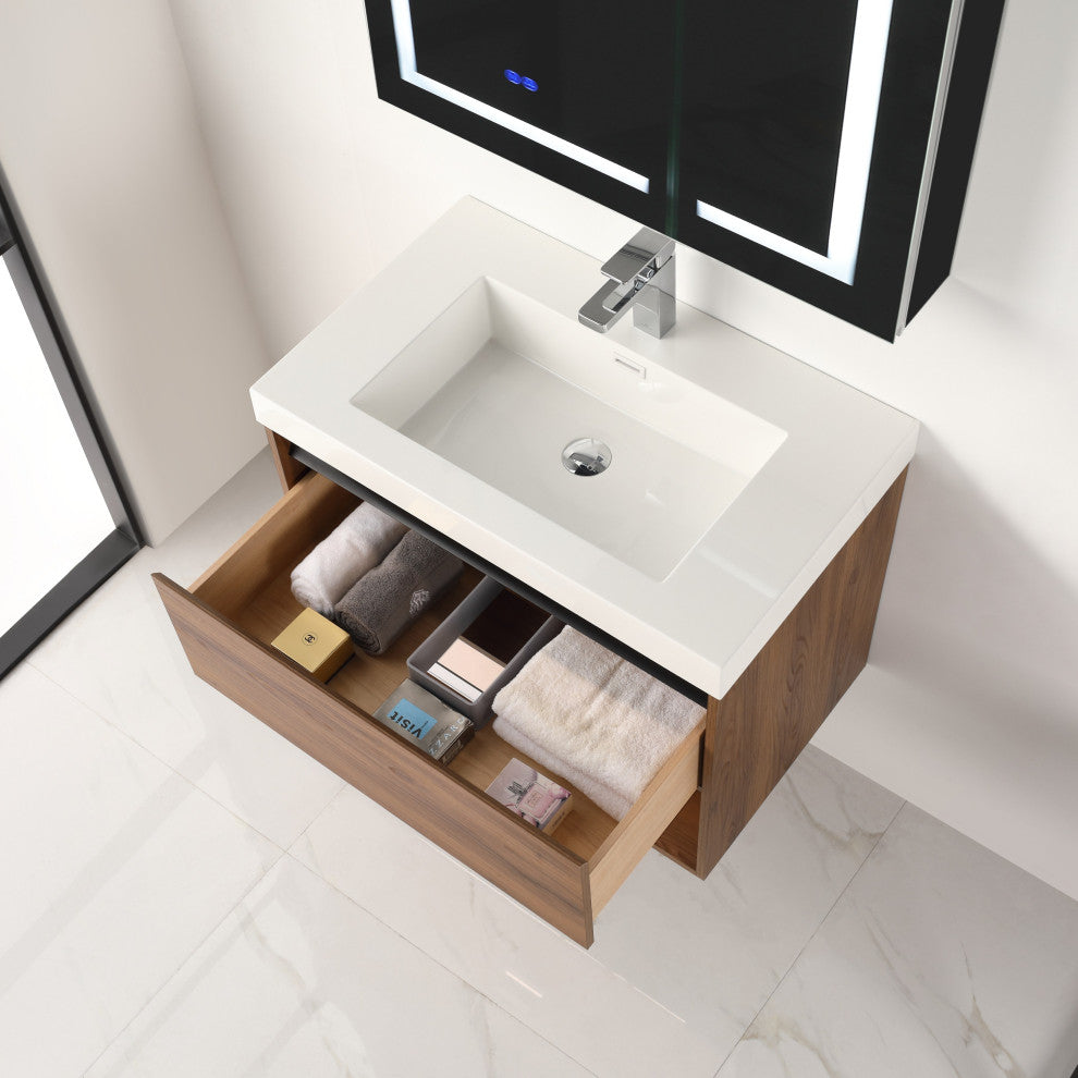 Wall Mounted Bathroom Vanity and Sink, Brown Walnut, 30'' Acrylic