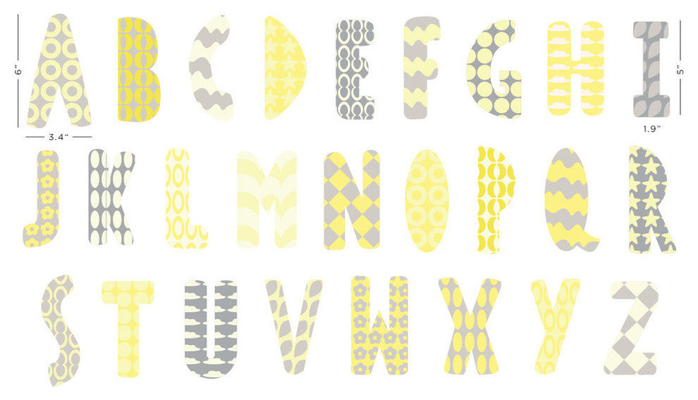 Modern Alphabet Fabric Wall Decals in Yellow, Grey, White