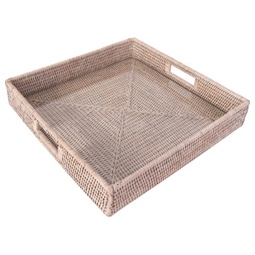 Square Serving Ottoman Trays with Glass Insert, White Wash, 18"x 18"x 3"