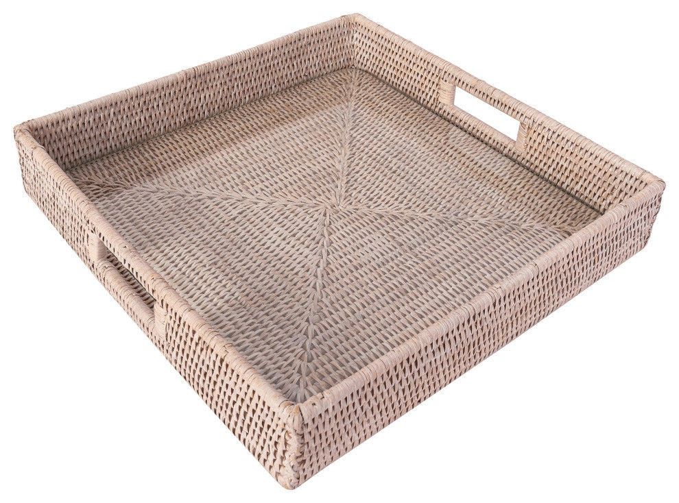 Square Serving Ottoman Trays with Glass Insert, White Wash, 18"x 18"x 3"