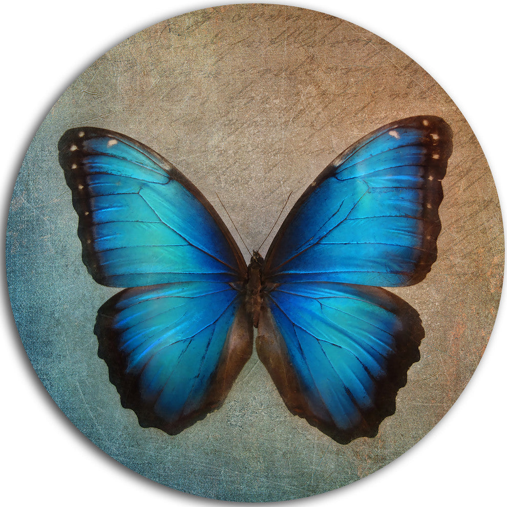Blue Vintage Butterfly, Floral Disc Metal Artwork, 11"