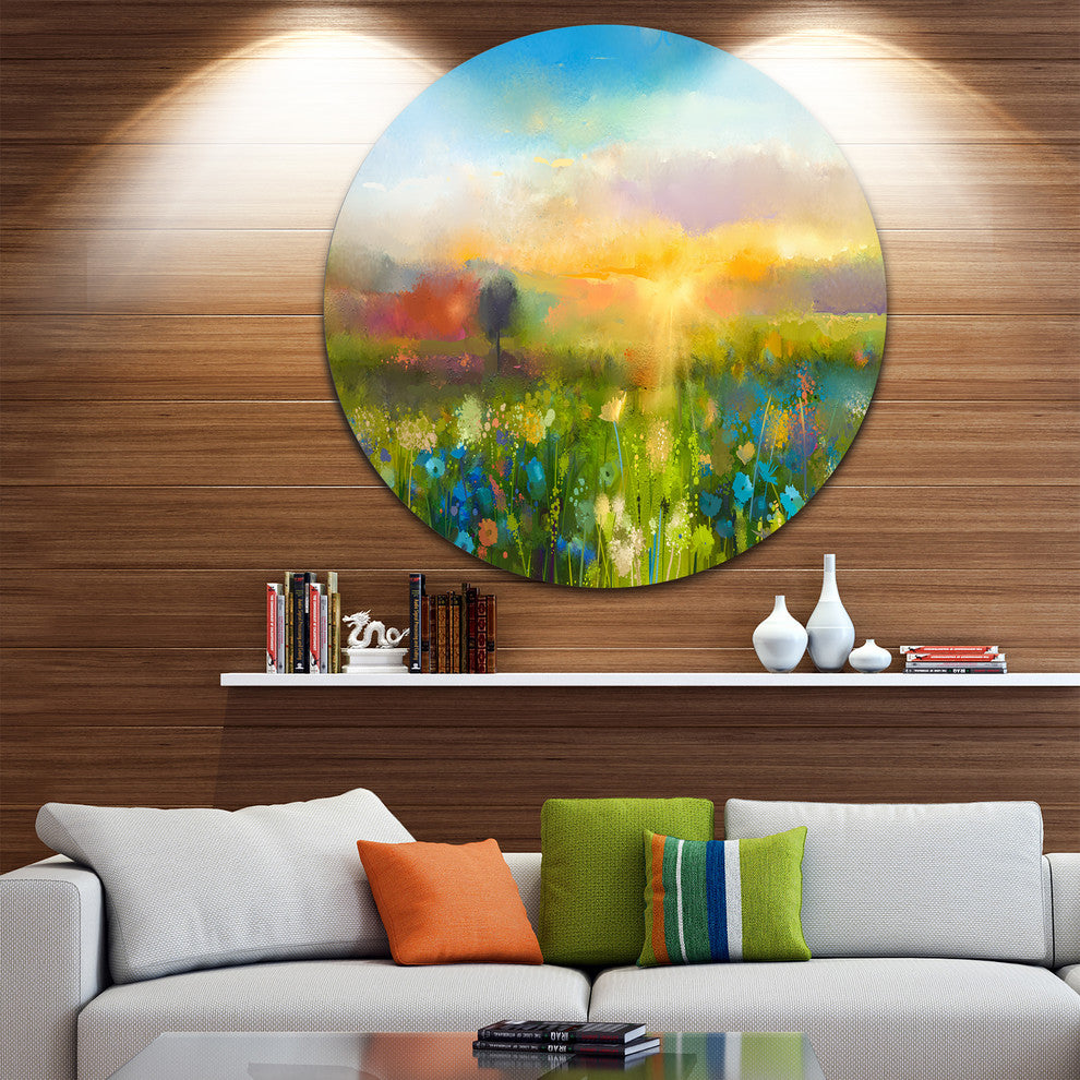 Sunset Meadow Landscape, Oil Painting Disc Metal Wall Art, 36"