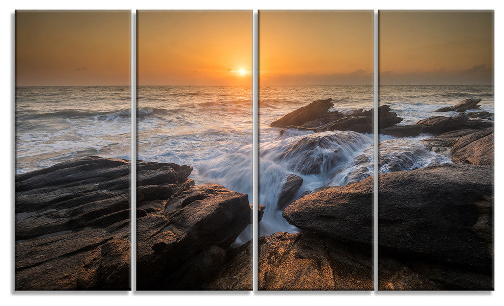 Sunset over Rocky Seashore, Beach Photo Canvas Print, 48"x28", 4 Panels