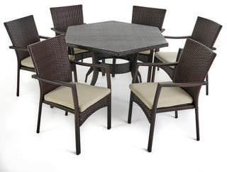GDF Studio 7-Piece Bartley Outdoor Wicker Hexagon Dining Set, Multi-Brown/Creme