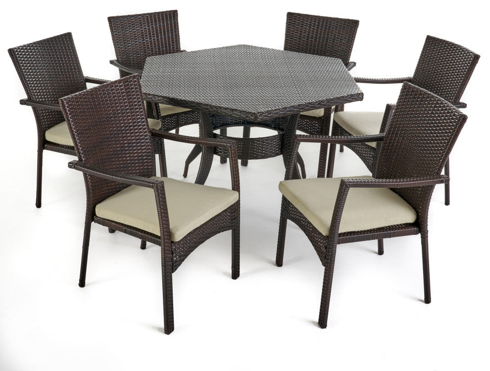 GDF Studio 7-Piece Bartley Outdoor Wicker Hexagon Dining Set, Multi-Brown/Creme