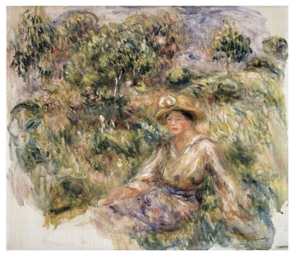 "Femme en bleu en chapeau assise sur l'herbe" Paper Art, 32"x28"