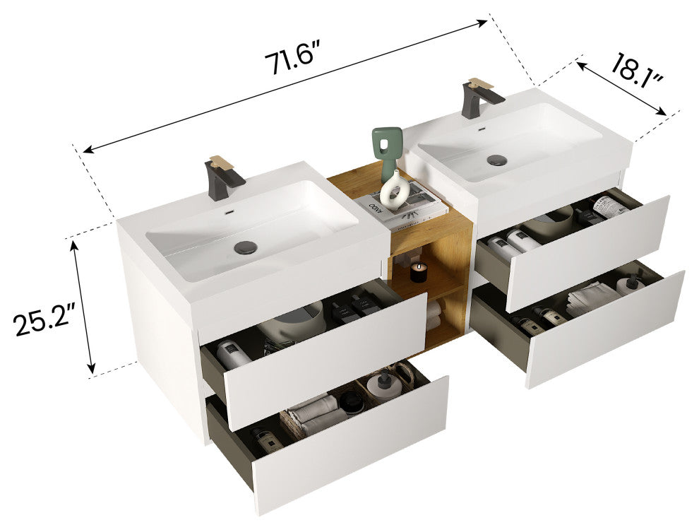 Wall-Mounted Bathroom Vanity with Double Sinks and Open Shelf, White, 72"