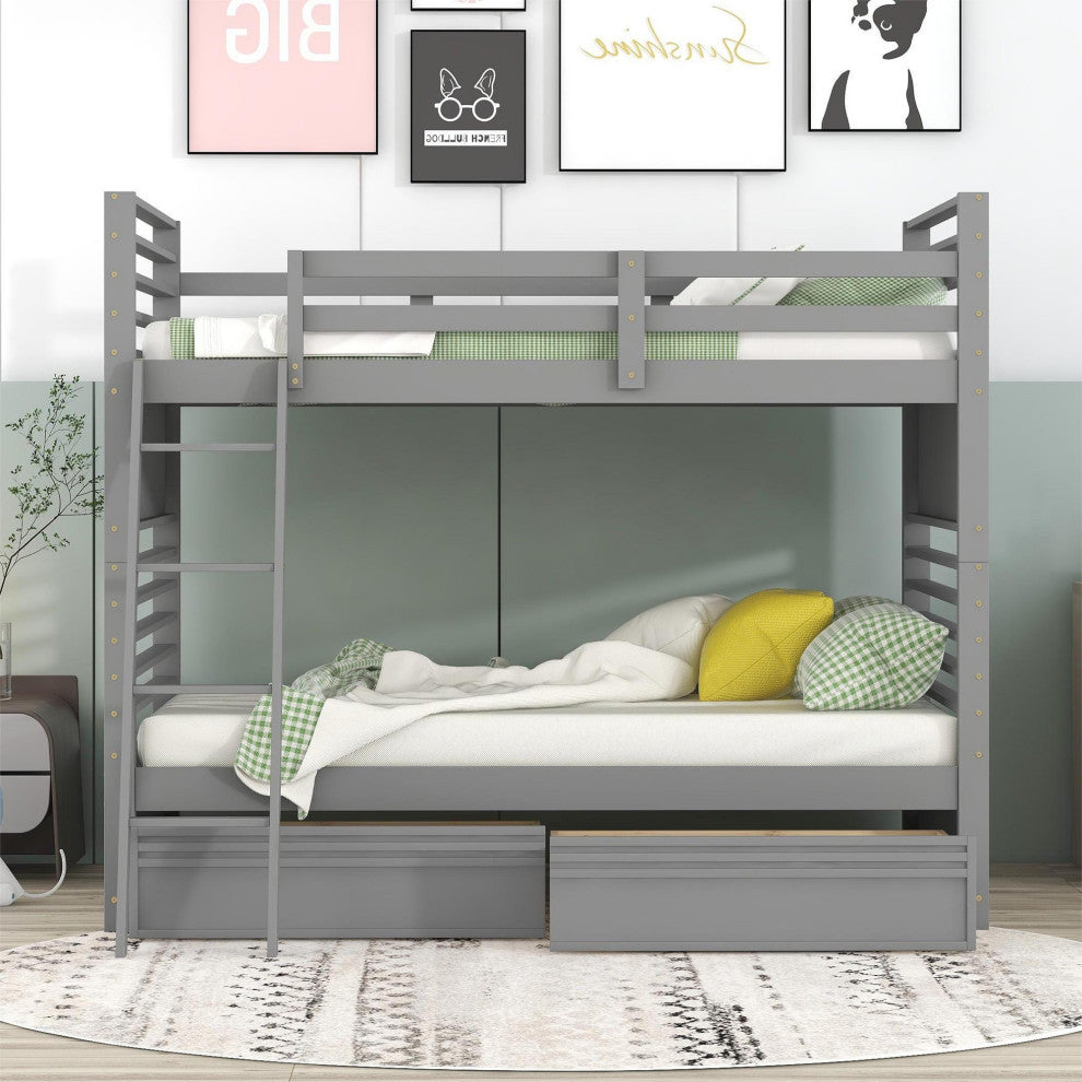 Gewnee Wood Twin Over Twin  Bunk Bed with Two Drawers in Gray