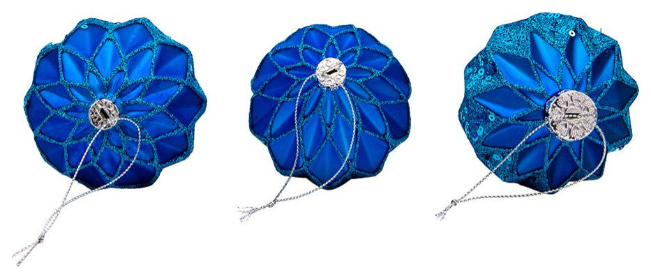 Kurt Adler 80MM Glittered, Sequin Blue Ball, Finial and Onion, 3 Piece Set