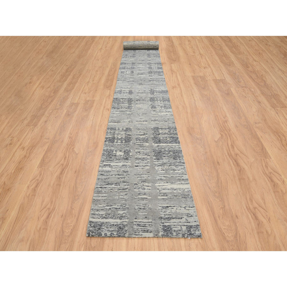 Gray, Natural Wool, Hand Knotted, Modern Design XL Runner Rug, 2'7"x23'8"