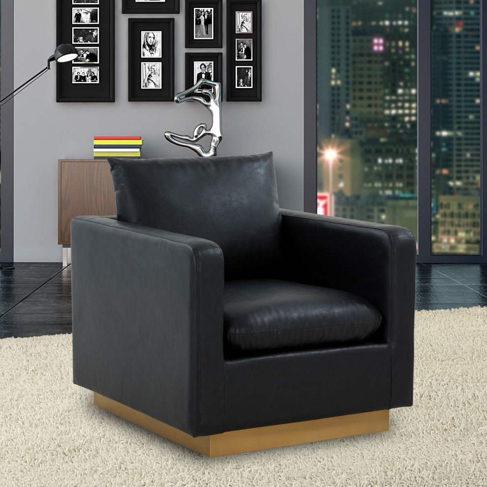 LeisureMod NS32BL-L Nervo Black Leather Accent Armchair With Gold Frame