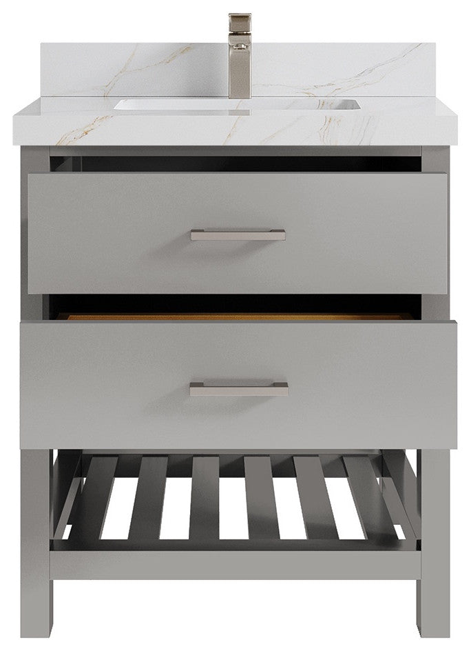 Parker 30" Single Sink Bath Vanity, Elephant Skin Gray 2" Calacatta Sienna