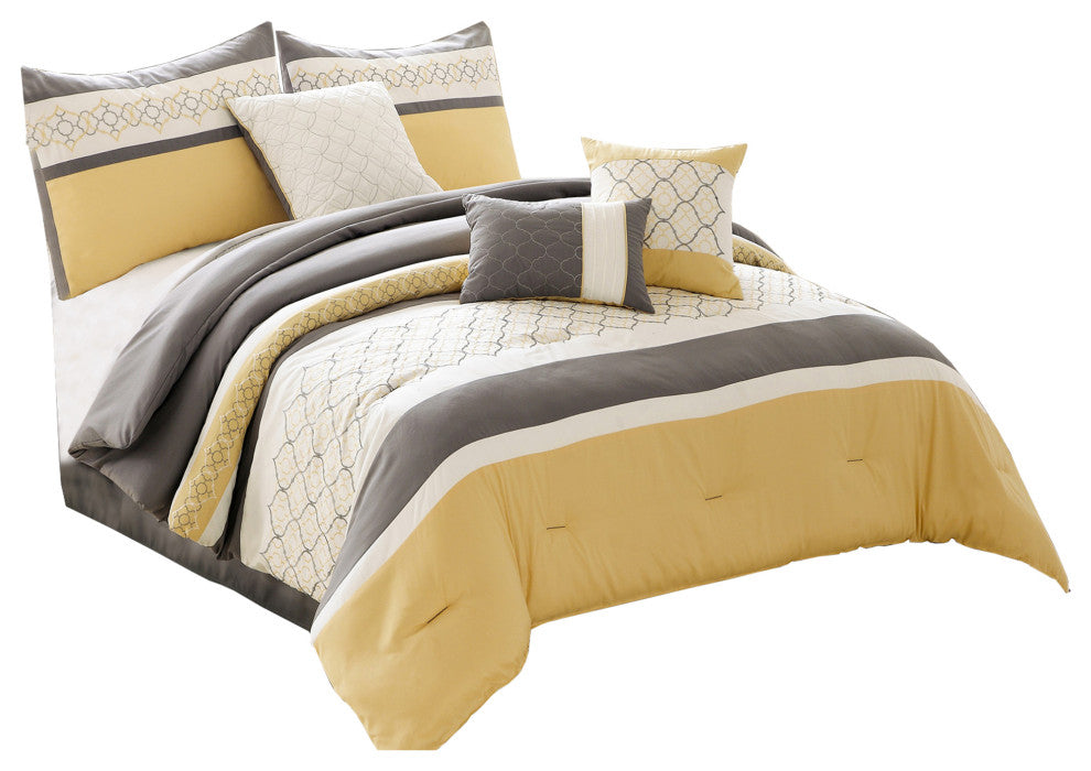 Benzara BM225208 Queen Size 7 Piece Fabric Comforter Set, Yellow and Gray