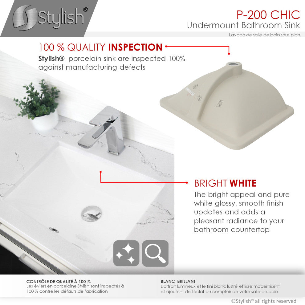 STYLISH 20" Porcelain Rectangular Undermount Bathroom Sink with Overflow