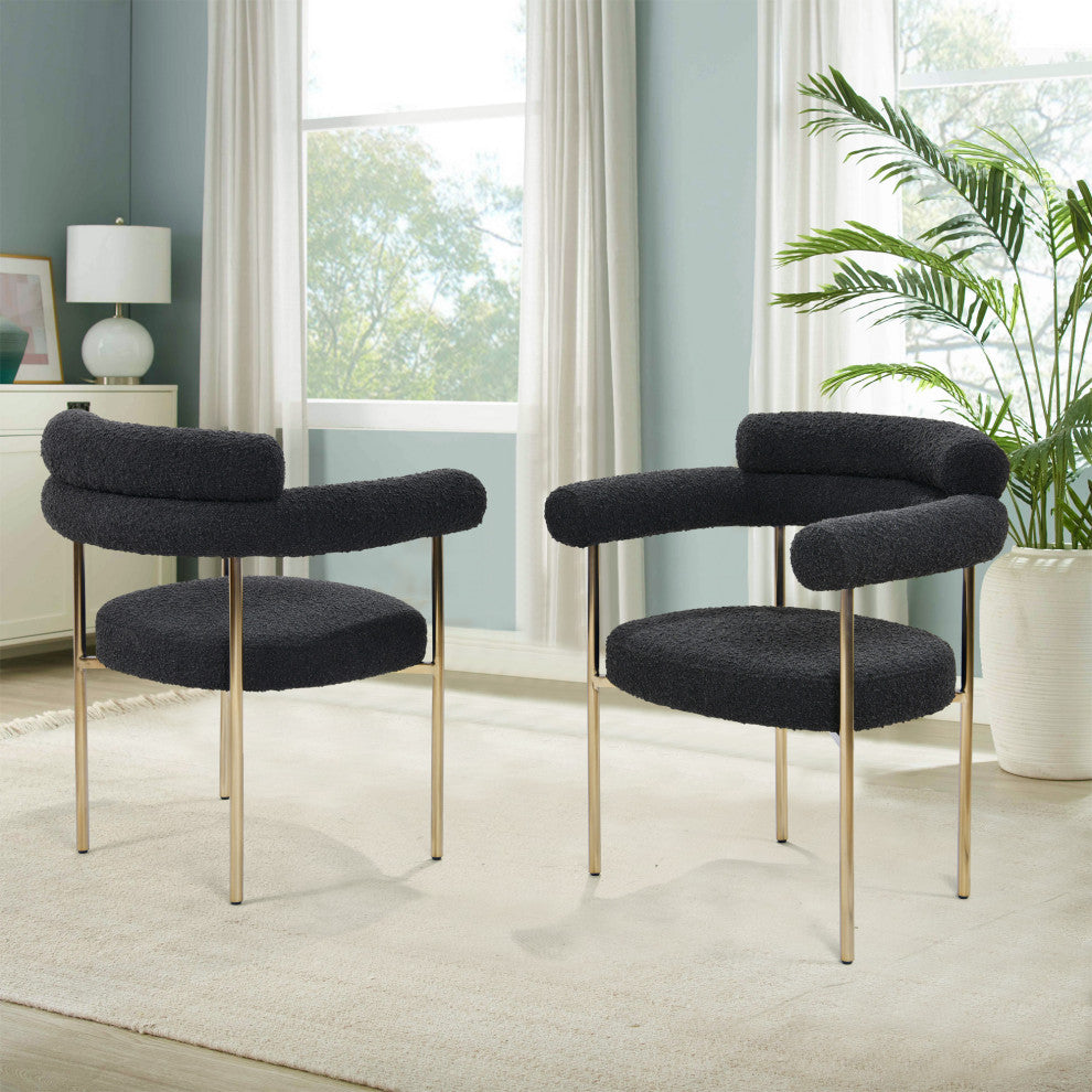 Merle Boucle Fabric Dining Chairs, Gold Legs, Set of 2, Black