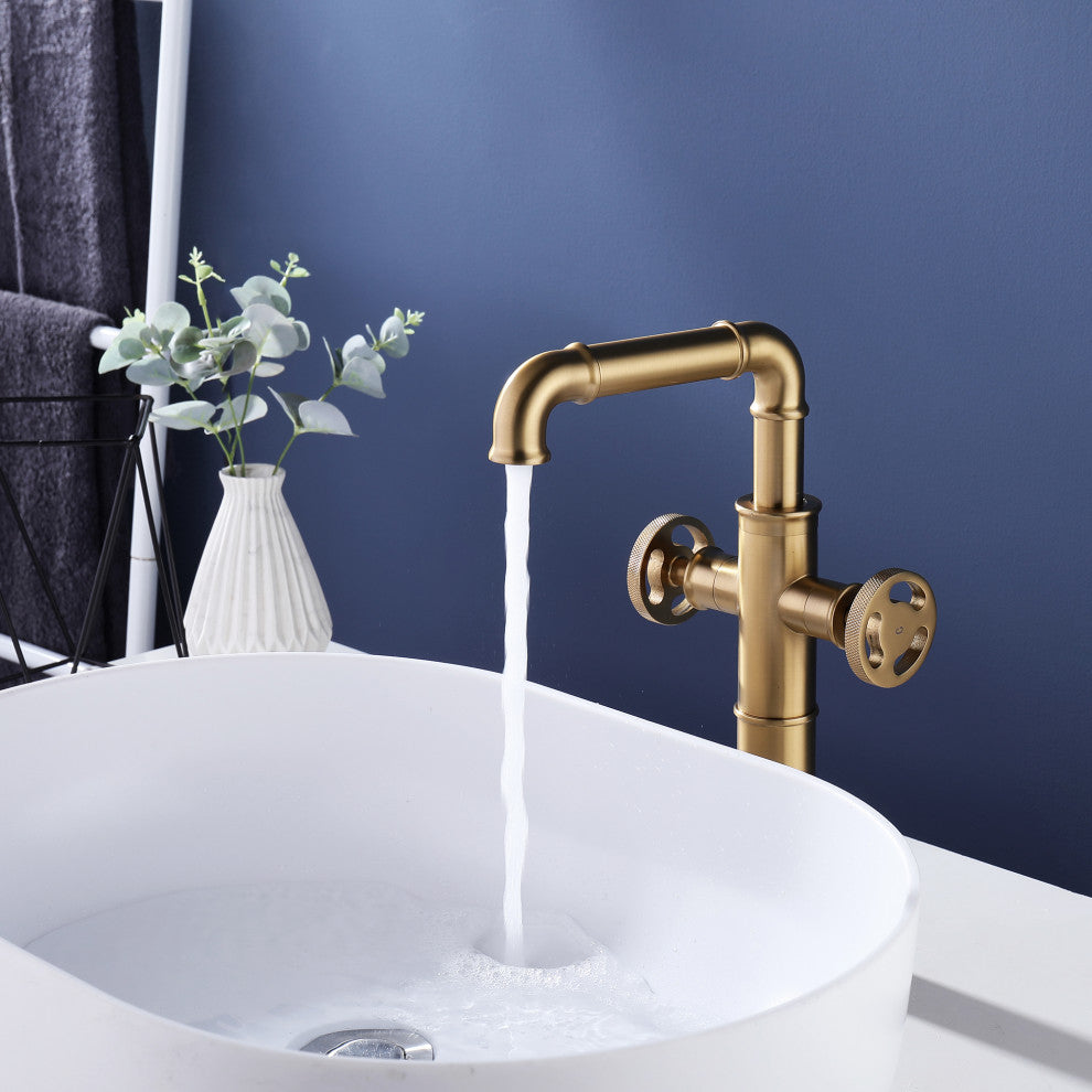 Deck Mounted Dual Handles Bathroom Vessel Sink Faucet, Brushed Gold