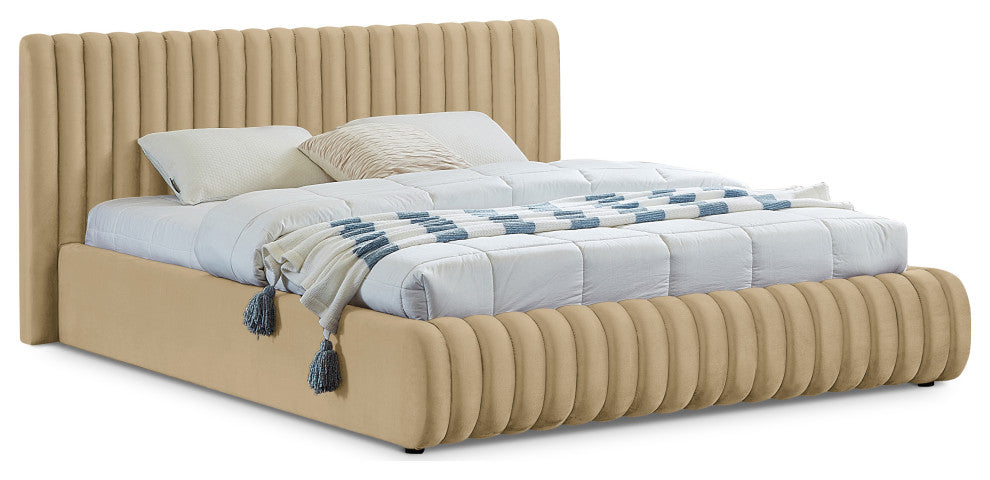 Nico Black Velvet Upholstered Bed, Camel, Full