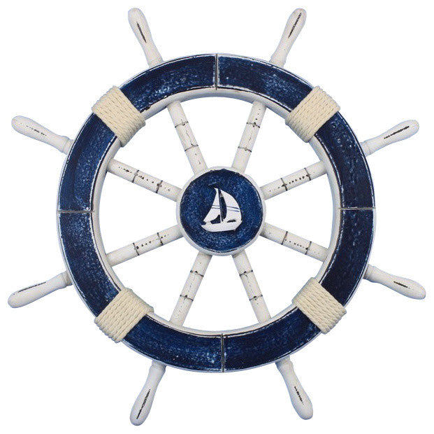 Rustic Decorative Ships Wheel With Sailboat, Dark Blue, 18"