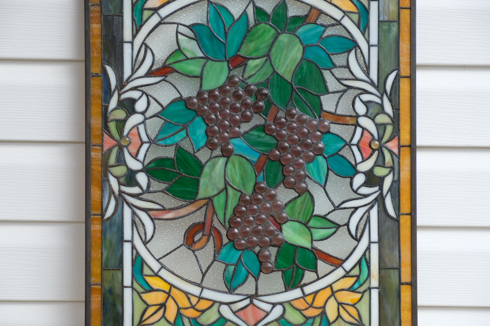 20" x 33.75" Large Handcrafted glass window panel Grape W/ Vine