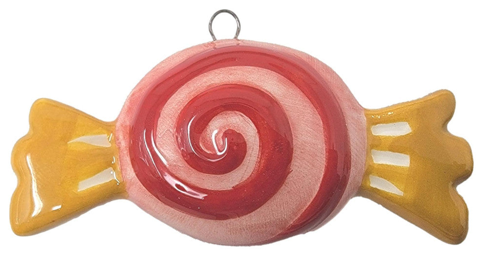 Set of 3 Striped Ceramic Candy Ornaments Bonbon Old Fashioned Vintage Style, Red Swirl/Blue/Pink