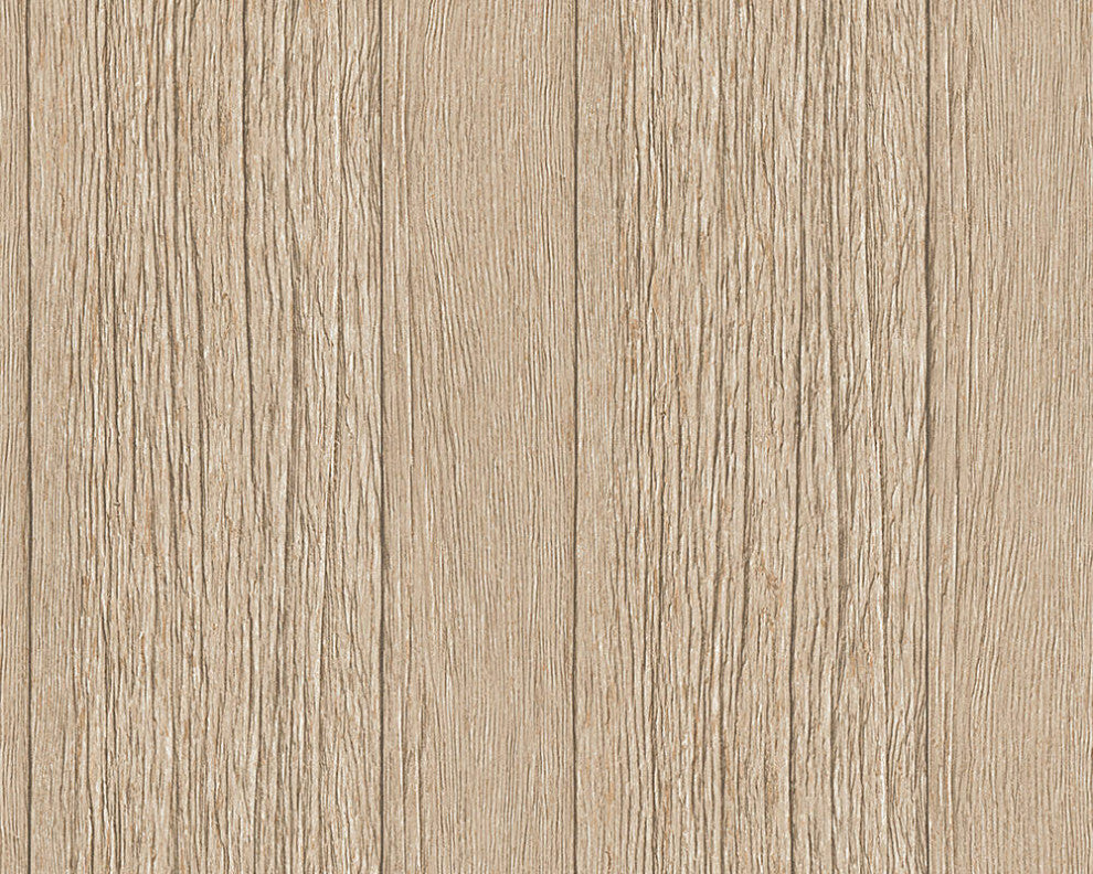 Loft Modern Nature Textured Wallpaper, Wood Planks, Beige Brown, One Roll