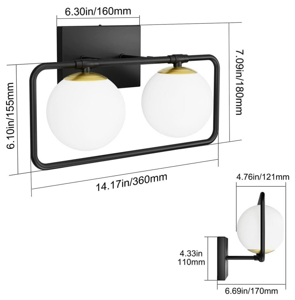 2-Light Mid Century Wall Lights Black and Gold Vanity Light With Milky White