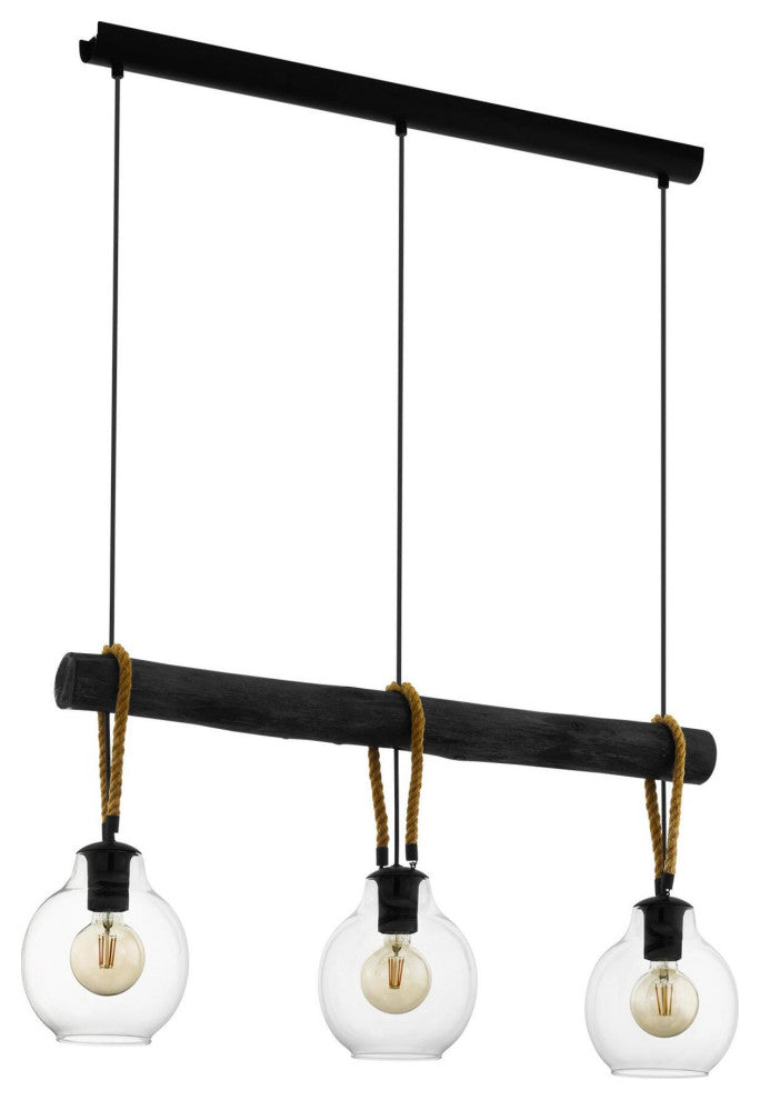 Rodding, 3 Light Linear Pendant, Structured Black, Brown Roping/Clear Glass