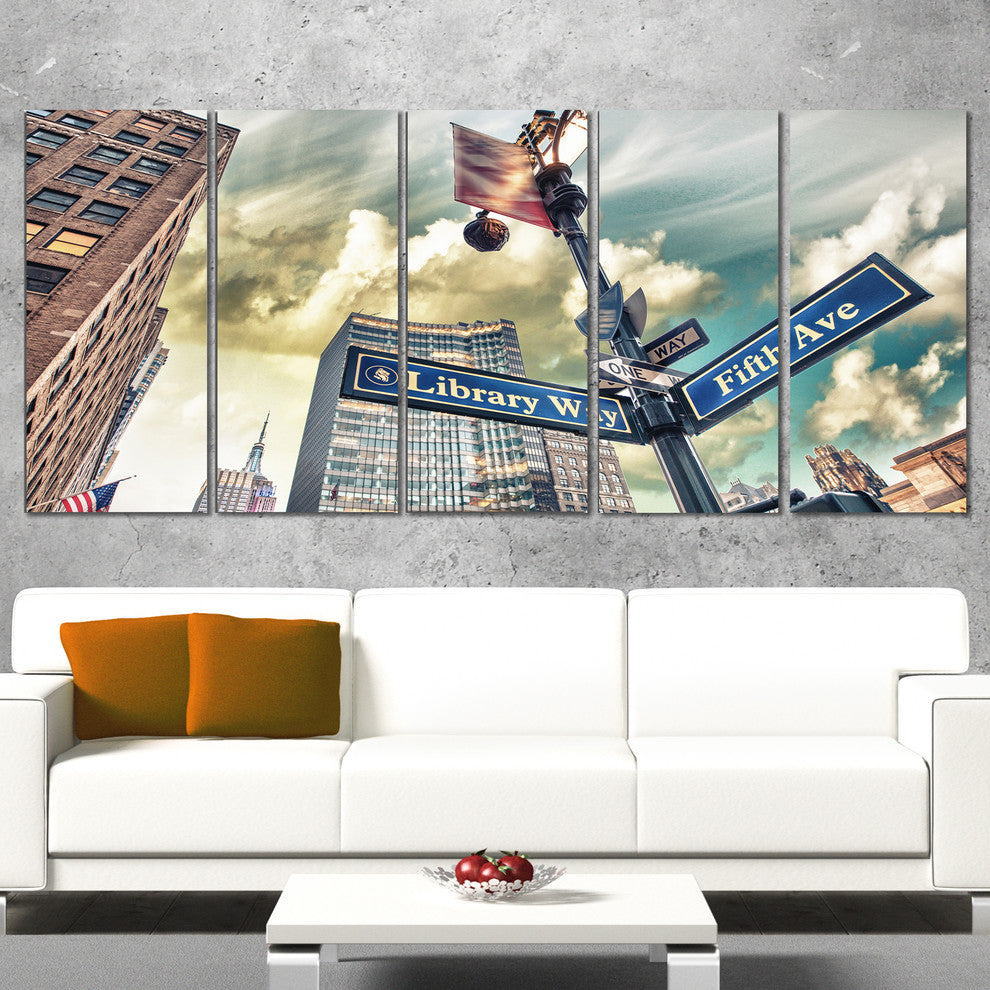Library Way and 5th Avenue Street Signs, Cityscape Canvas Art, 60"x28", 5 Panels